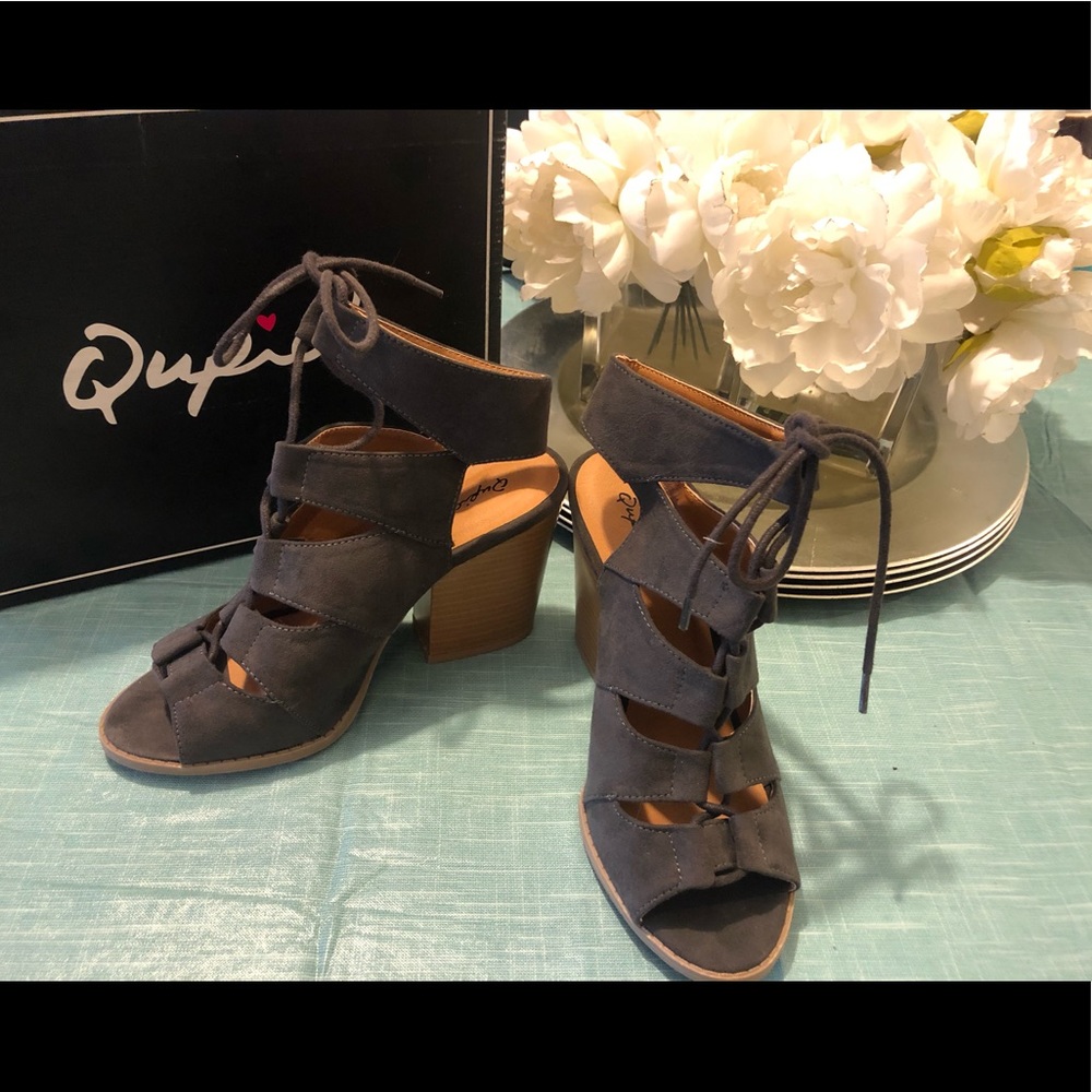 Qupid Taupe lace up chunky heel sandals
